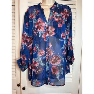 Kut‎ From the Kloth sheer floral tunic blouse L convertible sleeves v neck